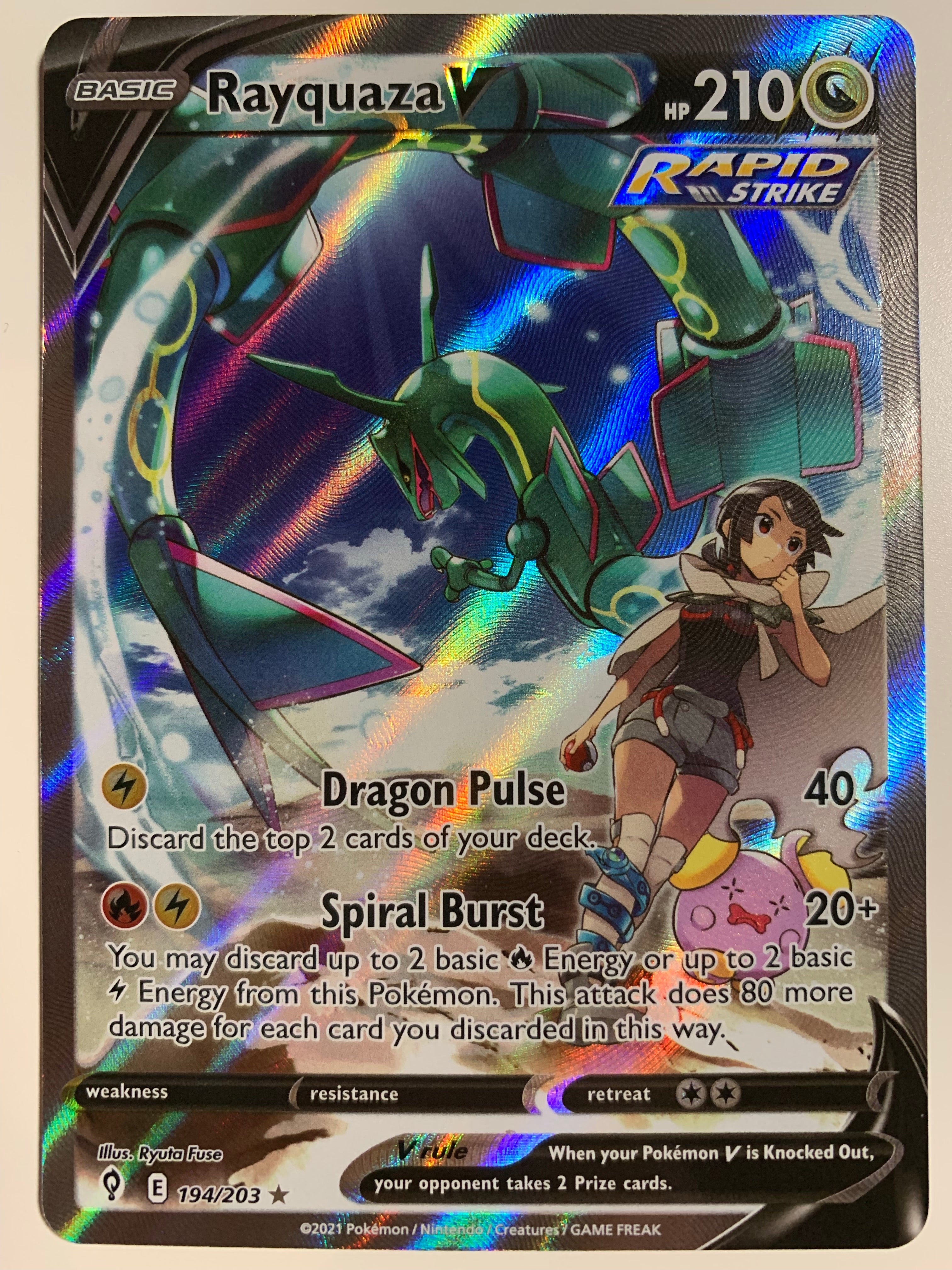 rayquaza v pokemon card Full Art New Lightning Spiral Burst (20+) You may discard up to 2 basic Fire Energy or up to 2 basic Lightning Energy from this Pokmon Rayquaza V (Full Art) 193